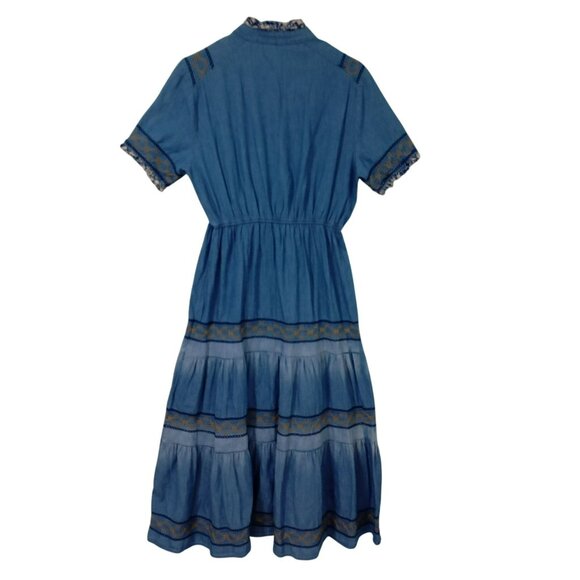 Anthropologie Lapis Maxi Dress Blue Chambray Embroidered Tiered Boho Western L - Picture 8 of 13